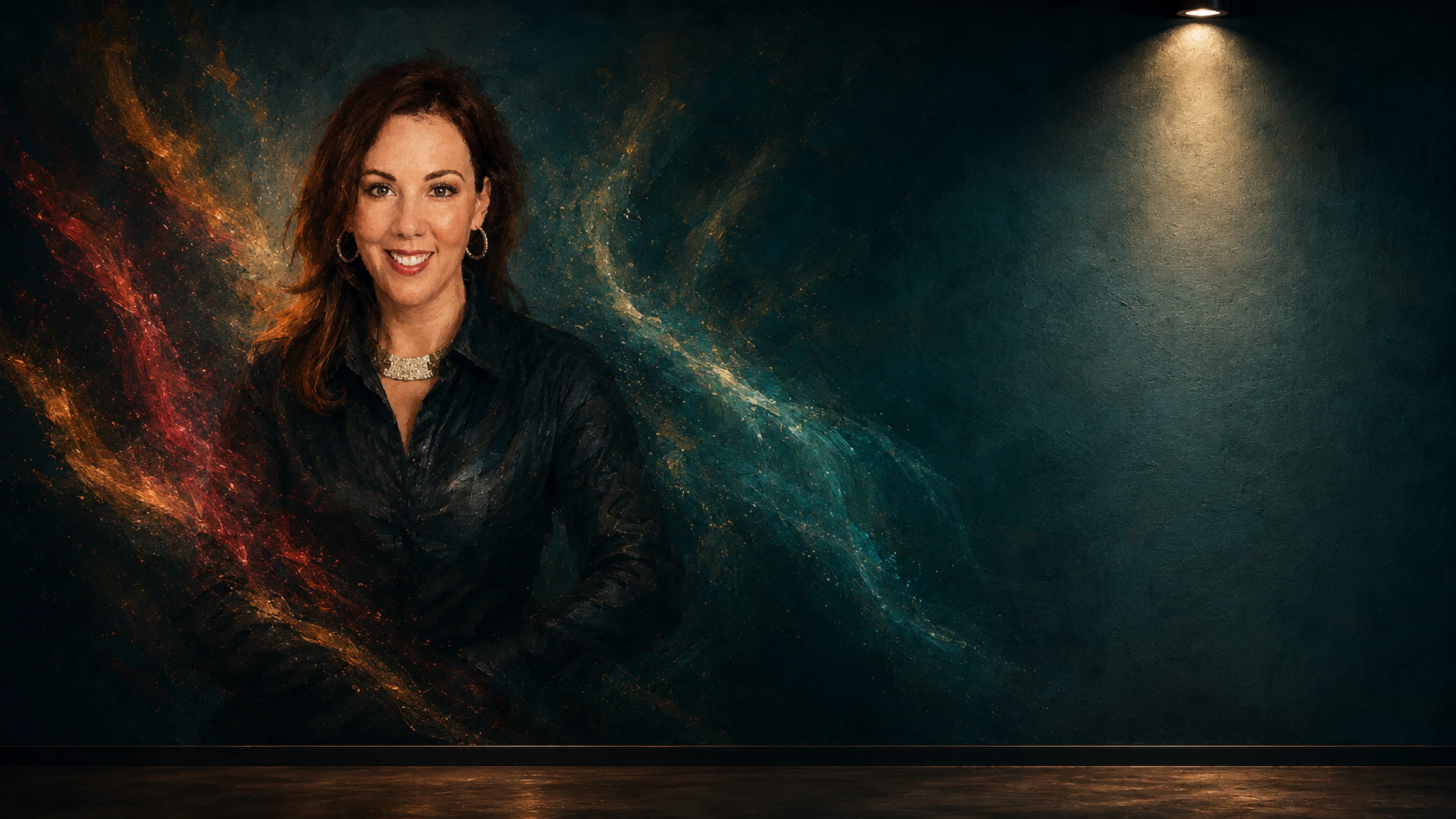 Elizabeth Regas, arms folded, smiling at the camera - worked into the dark teal itself, with filaments of crimson, amber and teal light unfurling around her.