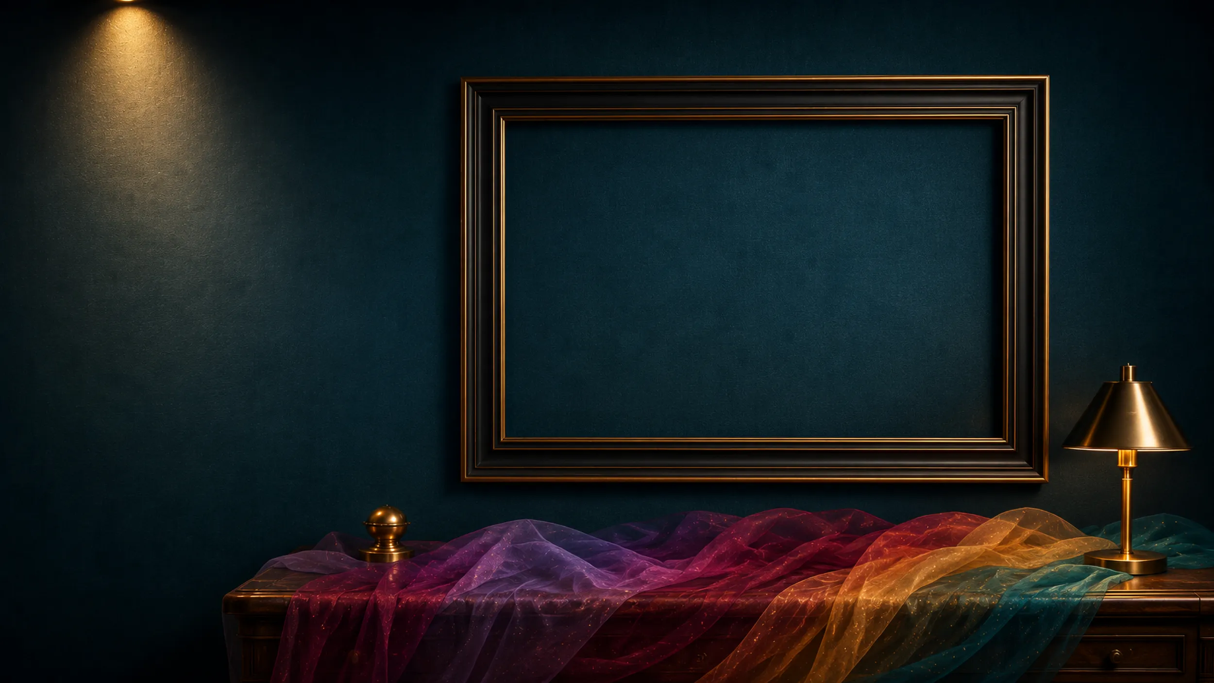 A gallery wall of deep teal, lit from the top-left, with a wide empty black-and-gold landscape frame hung at the centre and a bench of jewel-coloured gauze and a brass lamp gathered along the bottom.